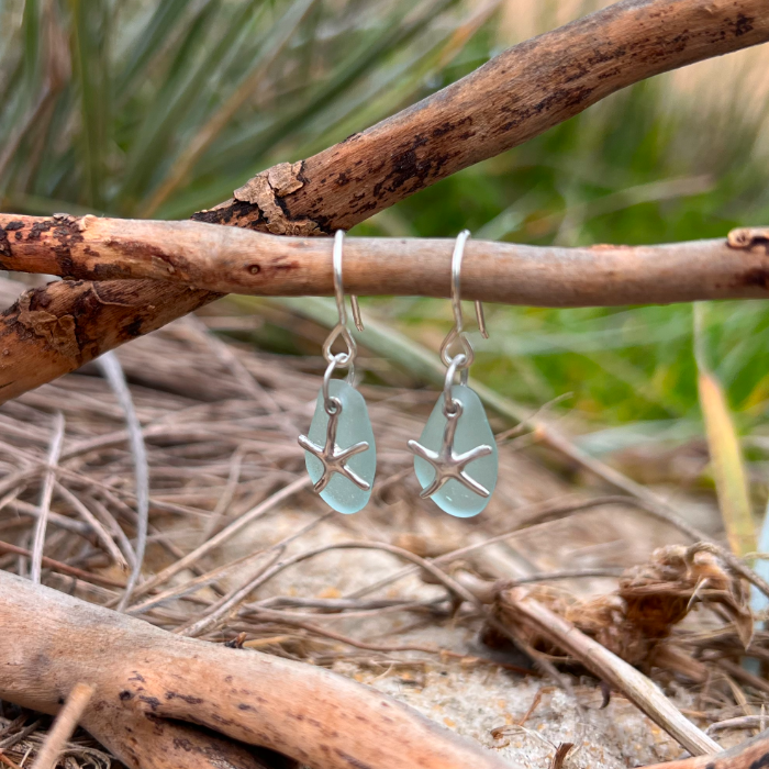 Pale blue sea glass and silver starfish  earrings by Mornington Sea Glass