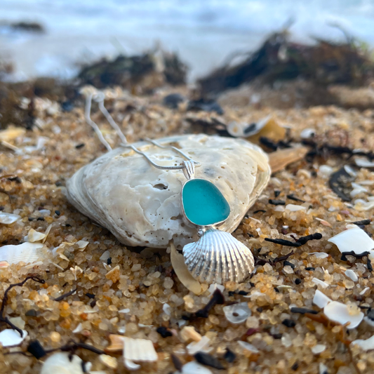 Sterling silver necklace of cast silver shell  and ocean teal sea glass. Hangs on a 40 or 45cm sterling silver chain. By Mornington Sea Glass.