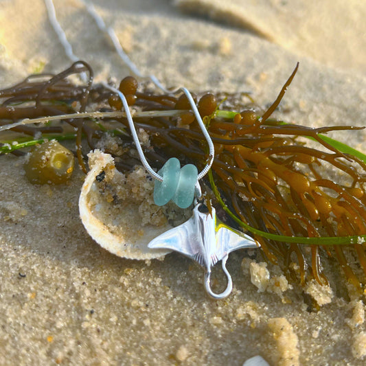 Blue sea glass and sterling silver stingray charm on a 40 or 45cm sterling silver snake chain by Mornington Sea Glass.