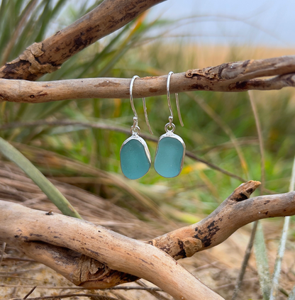 Blue sea glass set in silver earrings by Mornington Sea Glass. 