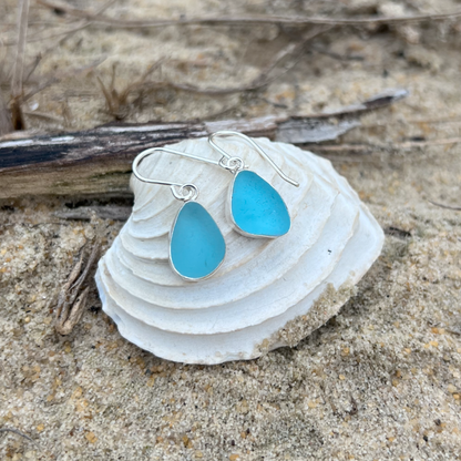 Blue sea glass set in Argrntium silver earrings by Mornington Sea Glass