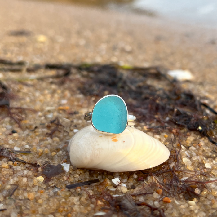Blue sea glass set in Argentium silver ring by Mornington Sea Glass. Size 7 3/4