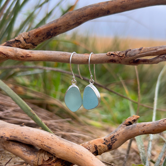 Pale blue sea glass set in silver earrings by Mornington Sea Glass