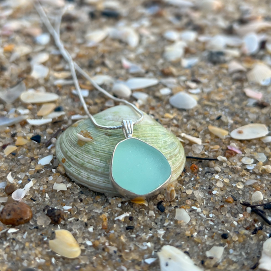 Seafoam sea glass set in silver pendant by Mornington Sea Glass. Comes with a 40 or 45cm sterling silver chain.