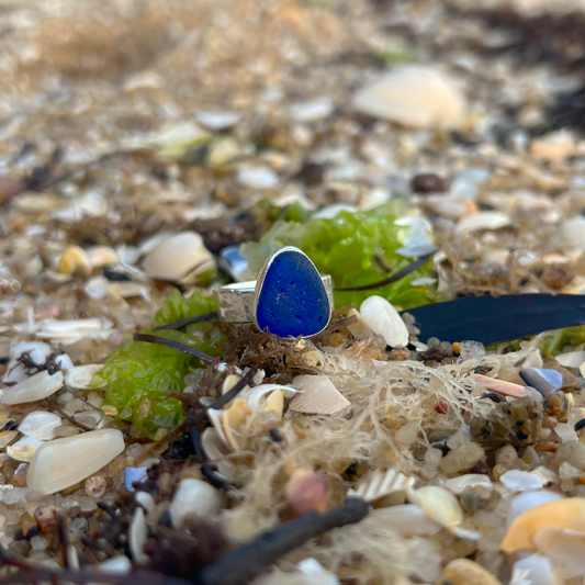 Cobalt sea gas set in silver hammered ring band by Mornington Sea Glass