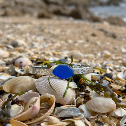 Cobalt blue sea glass hammered cuff by Mornington Sea Glass