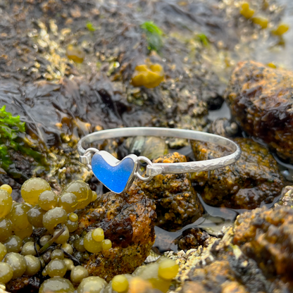 Cobalt naturally shaped sea glass heart hand hammered bangle  by Mornington Sea Glass