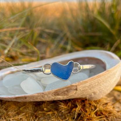 Cobalt naturally shaped sea glass heart hand hammered bangle  by Mornington Sea Glass