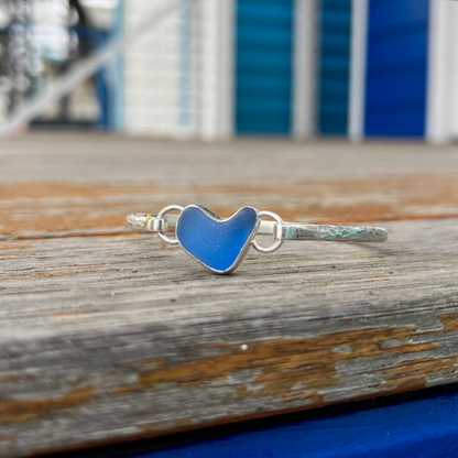 Cobalt naturally shaped sea glass heart hand hammered bangle  by Mornington Sea Glass