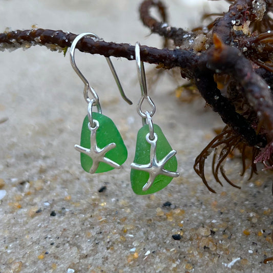 Green sea glass and silver sea star  earrings  by Mornington Sea Glass