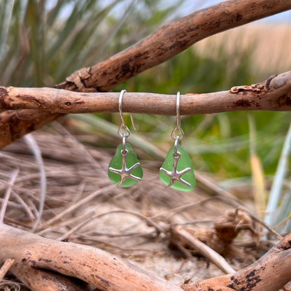 Green sea glass and sterling silver hook earrings by Mornington Sea Glass