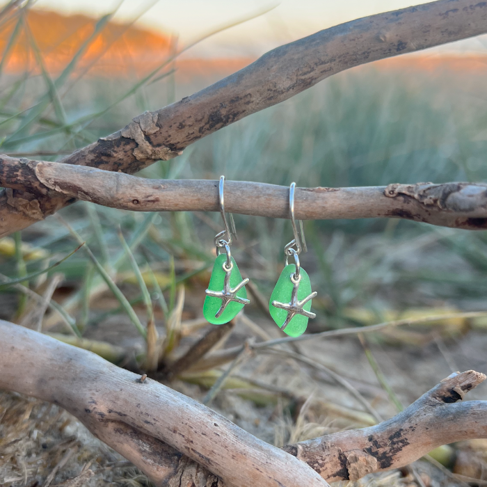 Green sea glass and silver starfish  earrings by Mornington Sea Glass