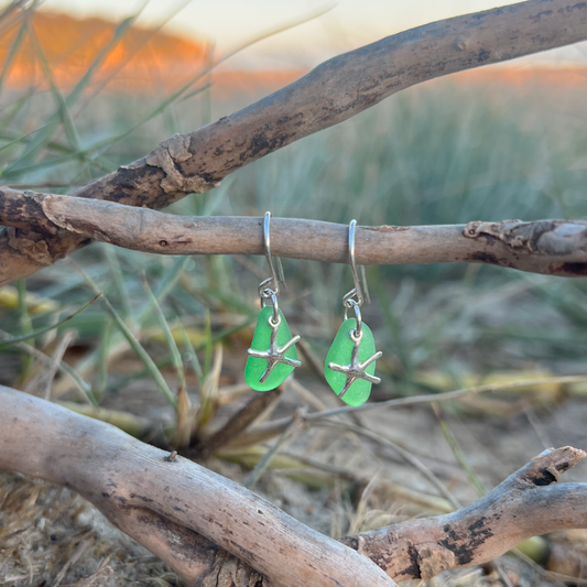 Green sea glass and silver starfish  earrings by Mornington Sea Glass