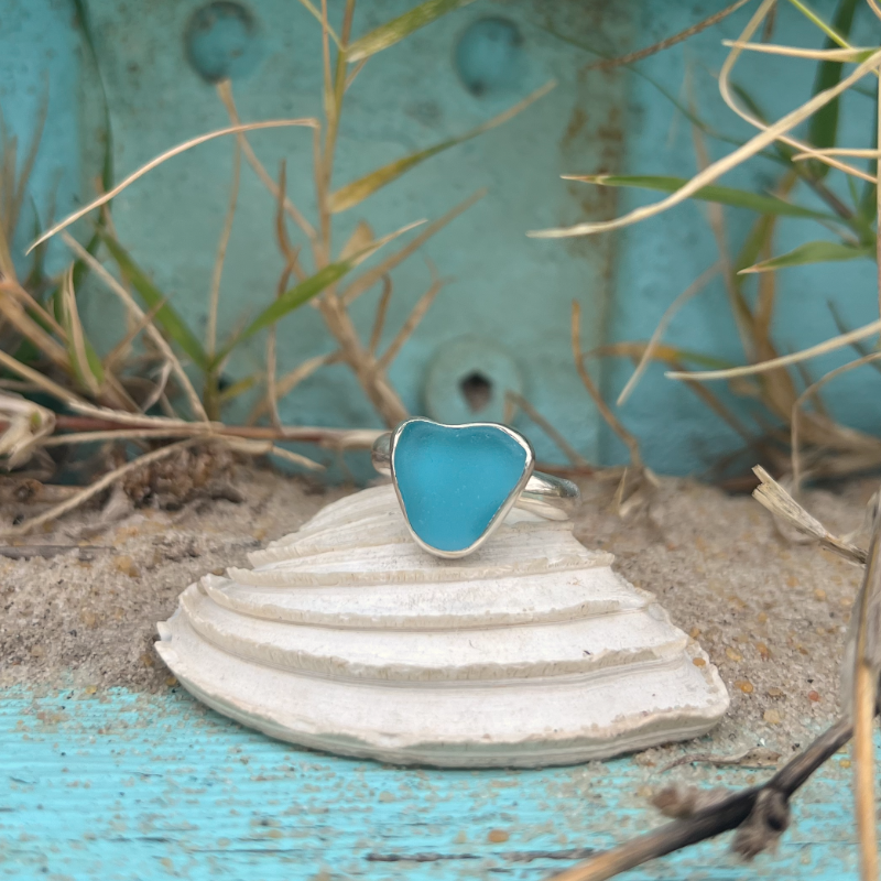 Ocean Teal sea glass set in silver Argentium silver ring band by Mornington Sea Glass. Size  8 1/4.