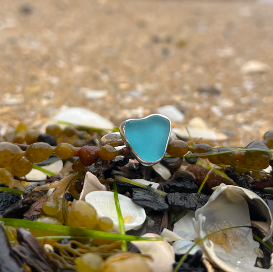 Ocean Teal sea glass set in silver Argentium silver ring band by Mornington Sea Glass. Size  8 1/4.