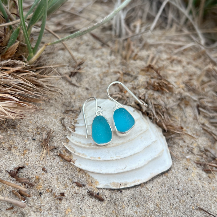 Ocean teal sea glass set in silver earrings by Mornington Sea Glass