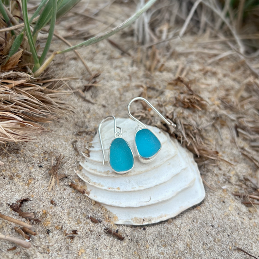 Ocean teal sea glass set in silver earrings by Mornington Sea Glass
