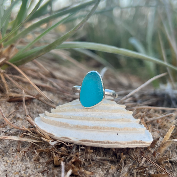 Ocean teal sea glass set in silver ring by Mornington Sea Glass. Size 7