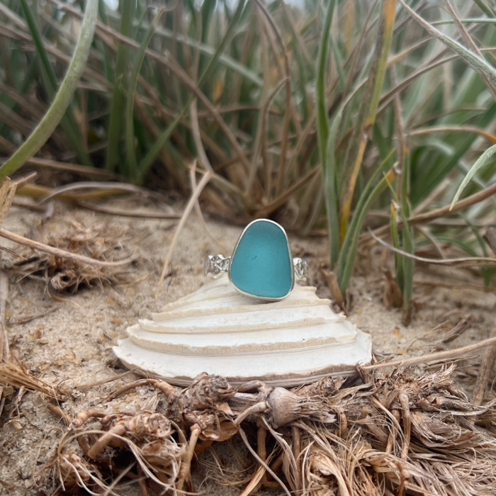 Aqua Blue sea glass set in silver on organic rippled  ring band by Mornington Sea Glass.. Size 9