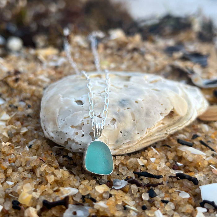 Aqua Teal sea glass set in silver pendant by Mornington Sea Glass. Comes with a 45cm paperclip chain.