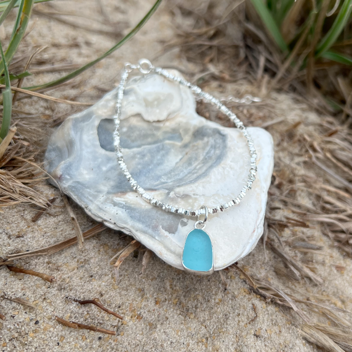 Blue sea glass on sterling silver surf bracelet by Mornington Sea Glass