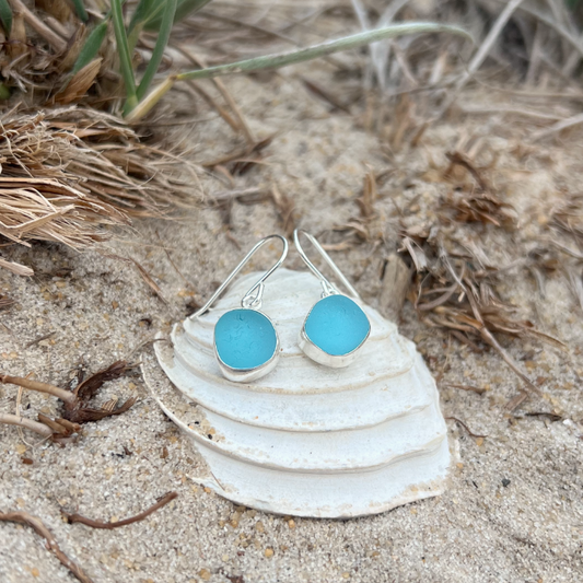 Blue sea glass set in silver earrings by Mornington Sea Glass