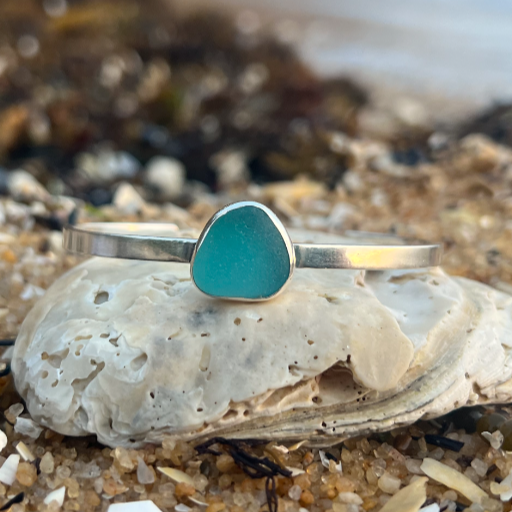 Ocean Teal sea glass set in silver cuff by Mornington Sea Glass