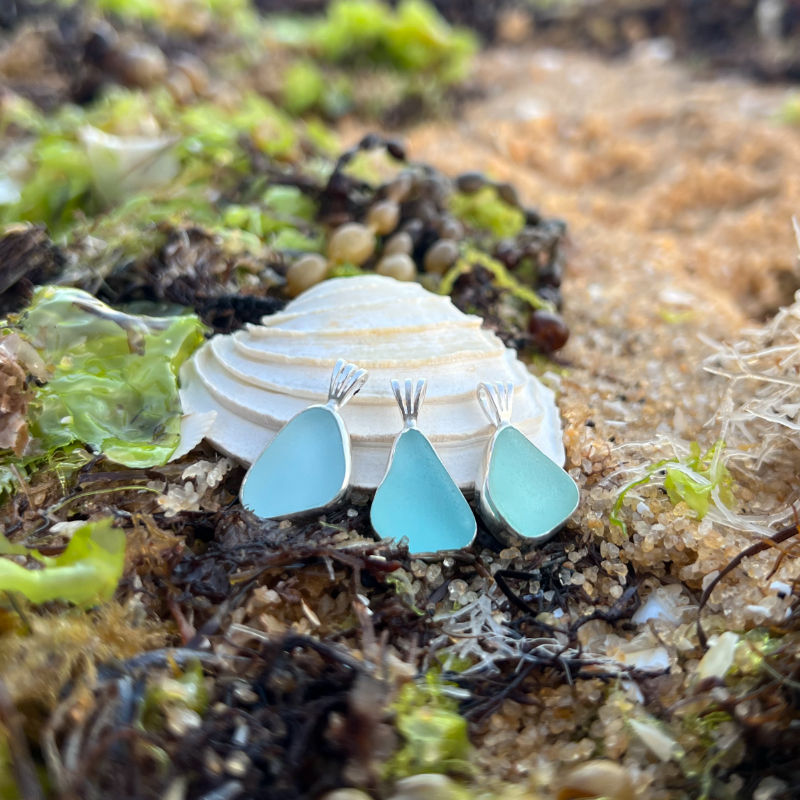 Blue and seafoam sea glass gems set in silver by Mornington Sea Glass. nags on a 40 or 45cm sterling silver snake chain.
