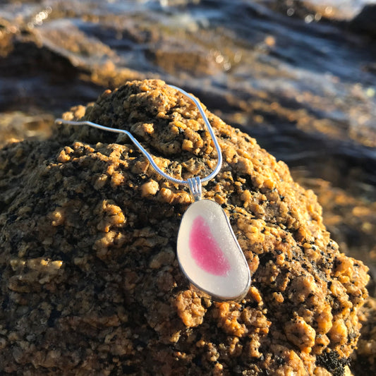 Rare pink and white multi colour sea glass from England set in silver. Comes with a 40 or 45cm sterling silver chain. Pendant necklace by Mornington Sea Glass