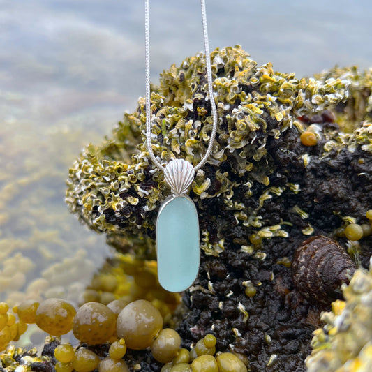 Soft blue sea glass set in silver pendant with shell bail by Mornington Sea Glass. Comes with either a 40 or 45cm sterling silver chain.