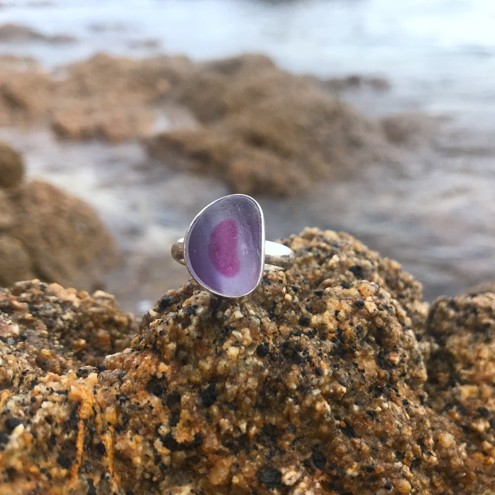 Rare purple, pink and white multi colour sea glass set in silver ring by Mornington Sea Glass 