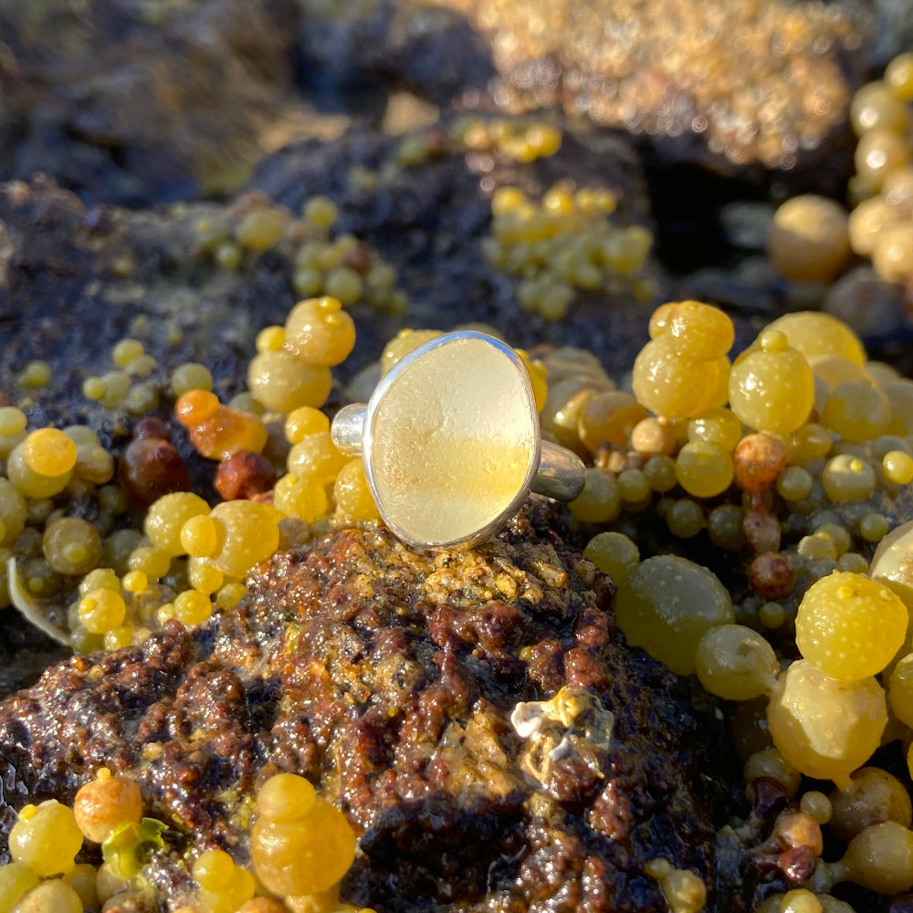 Rare yellow and white multi colour sea glass ring set in silver by Mornington Sea Glass. Size 6 3/4 or N.