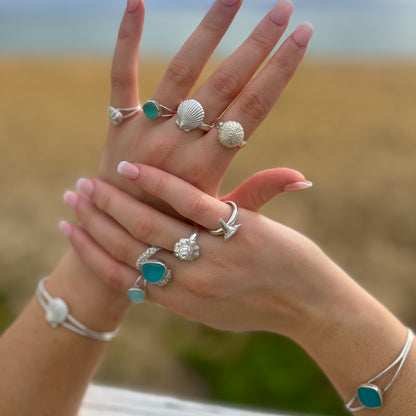 Cast silver and sea glass coastal inspired rings by Mornington Sea Glass. 