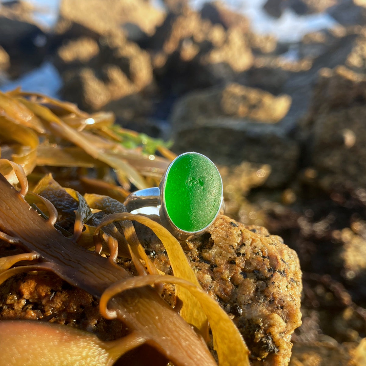 Silver and green sea glass ring in size 8 by Mornington Sea Glass