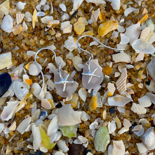 Purple  sea glass and silver sea star  earrings  by Mornington Sea Glass
