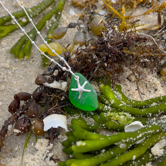 Green sea glass and silver sea star charm necklace by Mornington Sea Glass. Comes with a 40 or 45cm  sterling silver curb with ball detail chain.