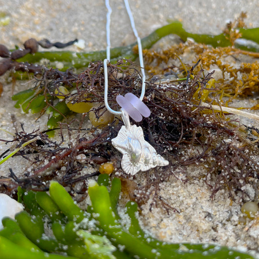 Purple sea glass and silver shell pendant necklace by Mornington Sea Glass