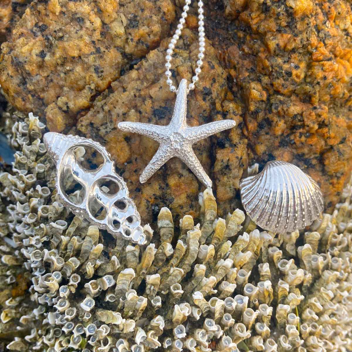 Cast silver starfish and shell pendants on a 40 0r 45cm sterling silver chain by Mornington Sea Glass