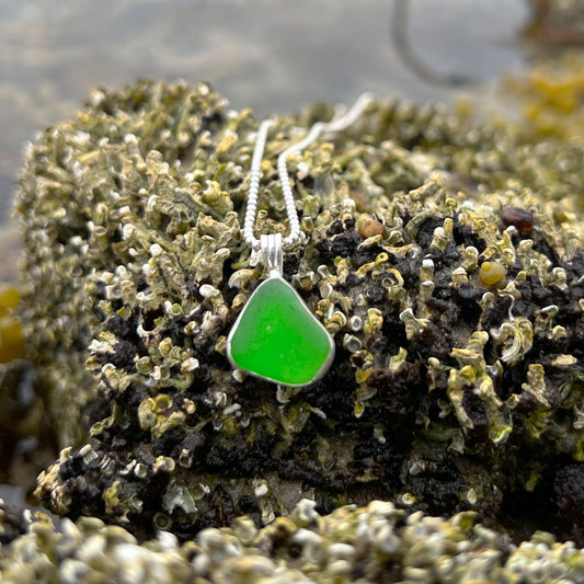 Green sea glass set in silver pendant by Mornington Sea Glass. Comes with either a 40 or 45cm sterling silver chain.