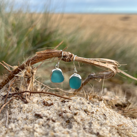 Ocean teal sea glass set in silver earrings by Mornington Sea Glass