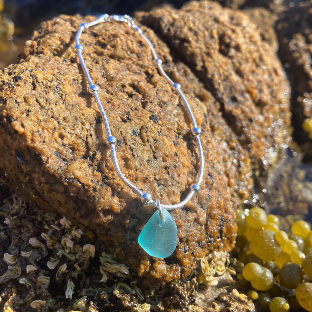 Blue sea glass sterling silver ball bracelet by Mornington Sea Glass