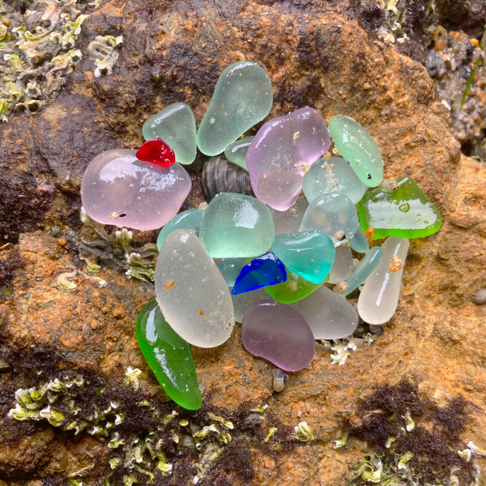 Local purple, seafoam, green, blue, cobalt and white sea glass photographed by Mornington Sea Glass at rock pools on the Mornington  Peninsula, Victoria, Australia.