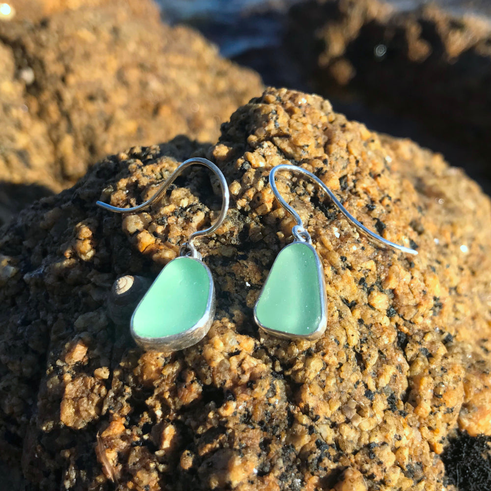 Seafoam Green Sea Glass Earrings Mornington Sea Glass photographed at rock pools on the Mornington Peninsula, Victoria, Australia