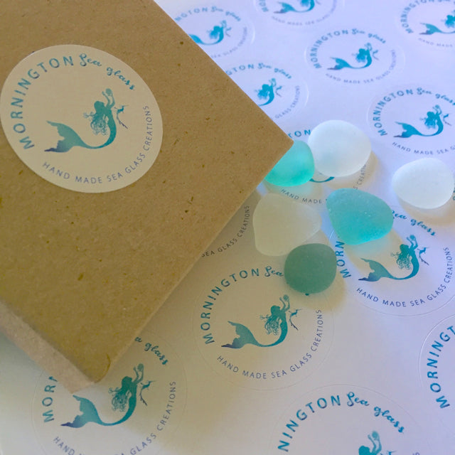 Mornington Sea Glass recycled earthboard gift box and mermaid logo packaging stickers.