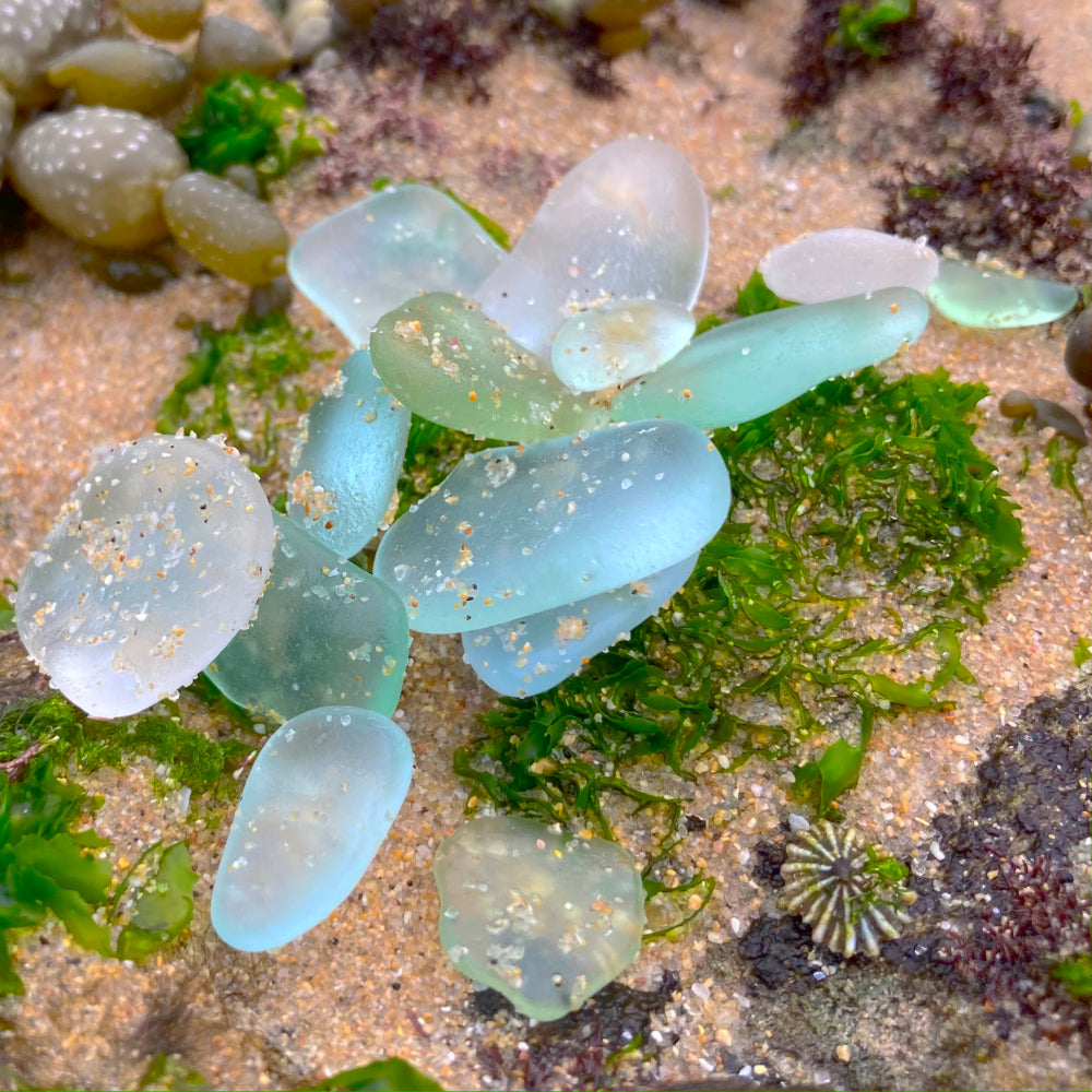 Local seafoam, green, blue and white sea glass photographed by Mornington Sea Glass at the beach on the Mornington  Peninsula, Victoria, Australia.