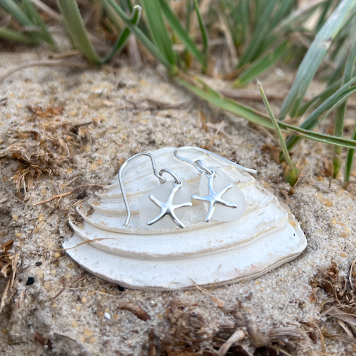 White sea glass and silver sea star charm earrings by Mornington Sea Glass