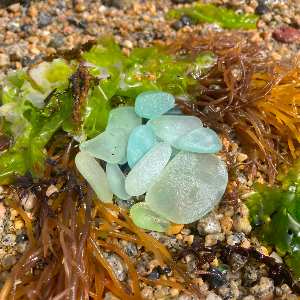 Local seafoam, green, blue and white sea glass photographed by Mornington Sea Glass at rock pools on the Mornington  Peninsula, Victoria, Australia.