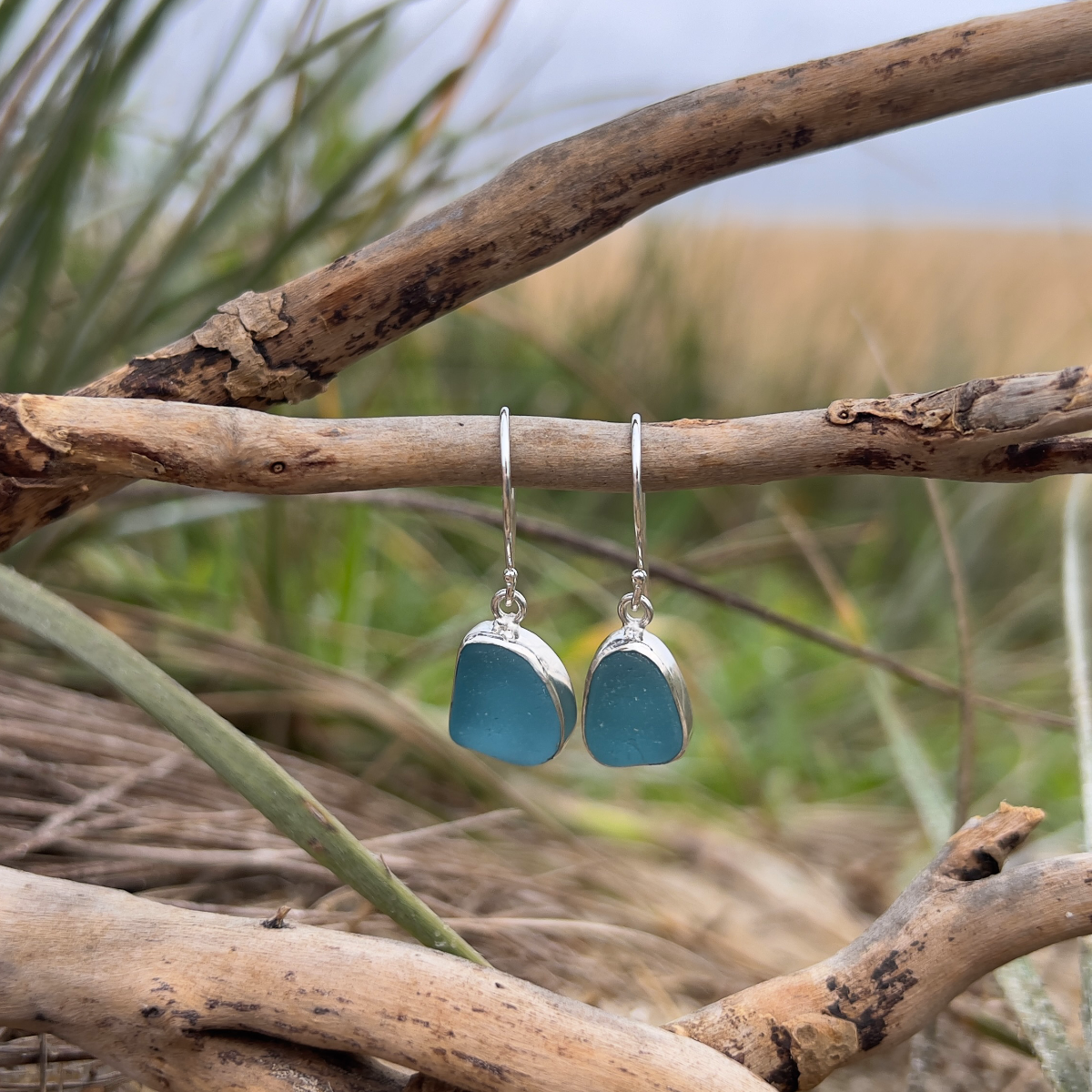 Ocean teal sea glass set in silver earrings by Mornington Sea Glass. 