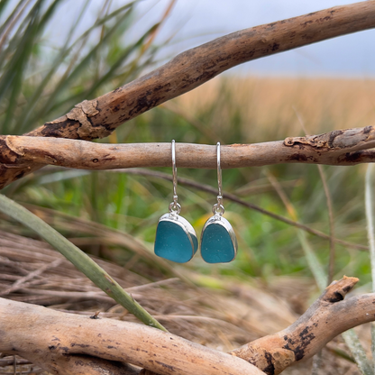 Ocean teal sea glass set in silver earrings by Mornington Sea Glass. 