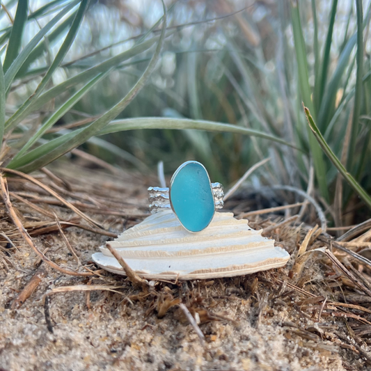 Ocean blue sea glass set in silver organic triple ring band by Mornington Sea Glass. Size 8